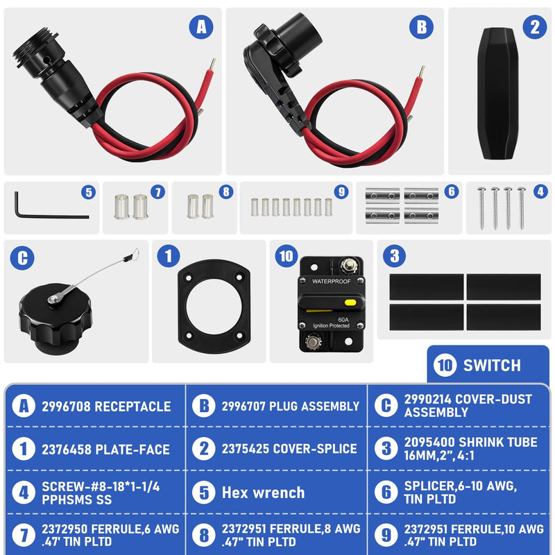 MKR-27 60 AMP Circuit Brea ker 1865115 &1865120 MKR-28 Trolling Motor Plug for Minn Kota Freshwater and Saltwater Marine Battery Boat Accessory Waterproof 12V 24V 36V 48V Trolling Motor Plug Kit