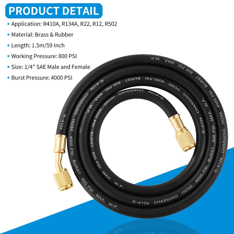 R410A AC Refrigerant Charging Hoses, R410A HVAC Charging Hose with 1/4’’ SAE Flare for R410A R22 R134A R12 R502 Air Condition System, 59 Inch Length