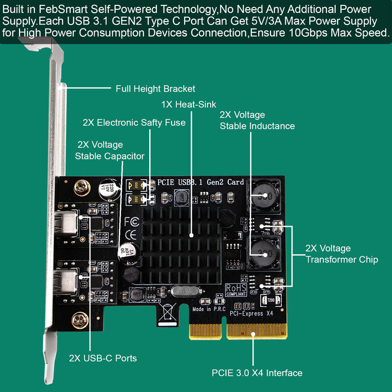 2X 10Gbps Max Speed USB-C Ports PCIE USB 3.1 GEN 2 Expansion Card for Windows, MAC OS and Linux PCs, Built in FebSmart Self-Powered Technology, No Need Additional Power Supply (FS-C2-Pro) FS-C2-Pro