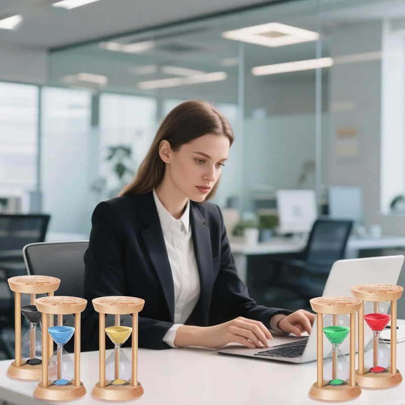 SuLiao Sand Timer, Colorful Wood Hourglass Sandglass Timer, Wooden Sand Clock, Hour Glass, Reloj De Arena 1min/2min/3min/5min/10min for Brushing Teeth, Classroom, Cooking, Games, Office (Pack of 5) 1/2/3/5/10 Min Black/ Blue/ Turq/ Red/ Gold