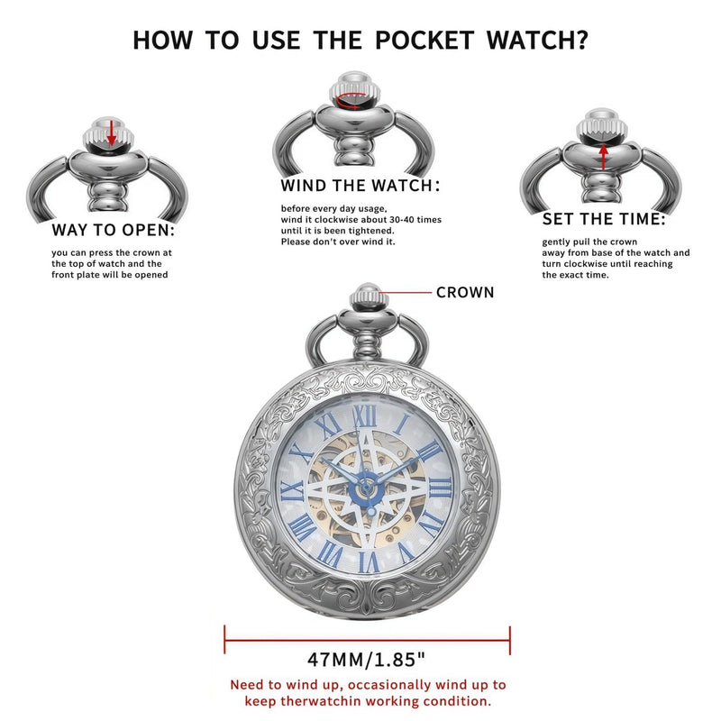 Mechanical Pocket Watch, for Men Women Special Magnifier Half Hunter Engraved Case Roman Numerals with Chain B-f. Compass, Silver, Blue + Wood Box