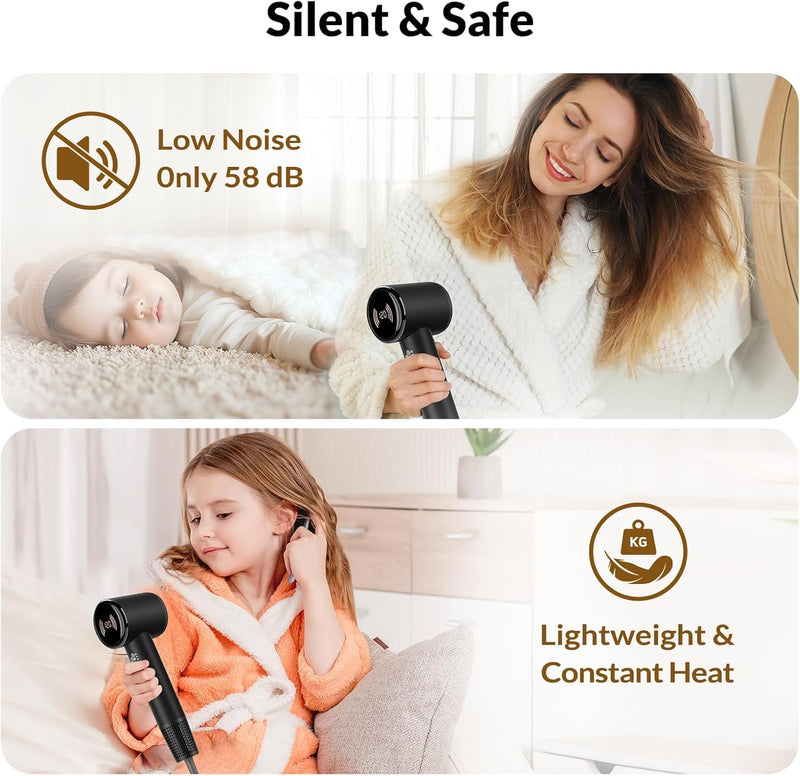 [AUSTRALIA] - Chignon Ionic Hair Dryer with Diffuser - 110,000 RPM Brushless Motor, 1600W Blow Dryer with Temperature Display & Magnetic Attachments, Low Noise for Salon Styling