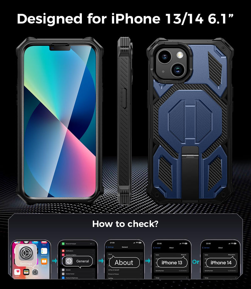 Magnetic for iPhone 13 Case/iPhone 14 Case with Screen Protector, Blue | Invisible Kickstand & Compatible with MagSafe, 3-in-1 Full Body Military Grade Heavy Duty Protective Phone Cover for Men For iPhone 13/14