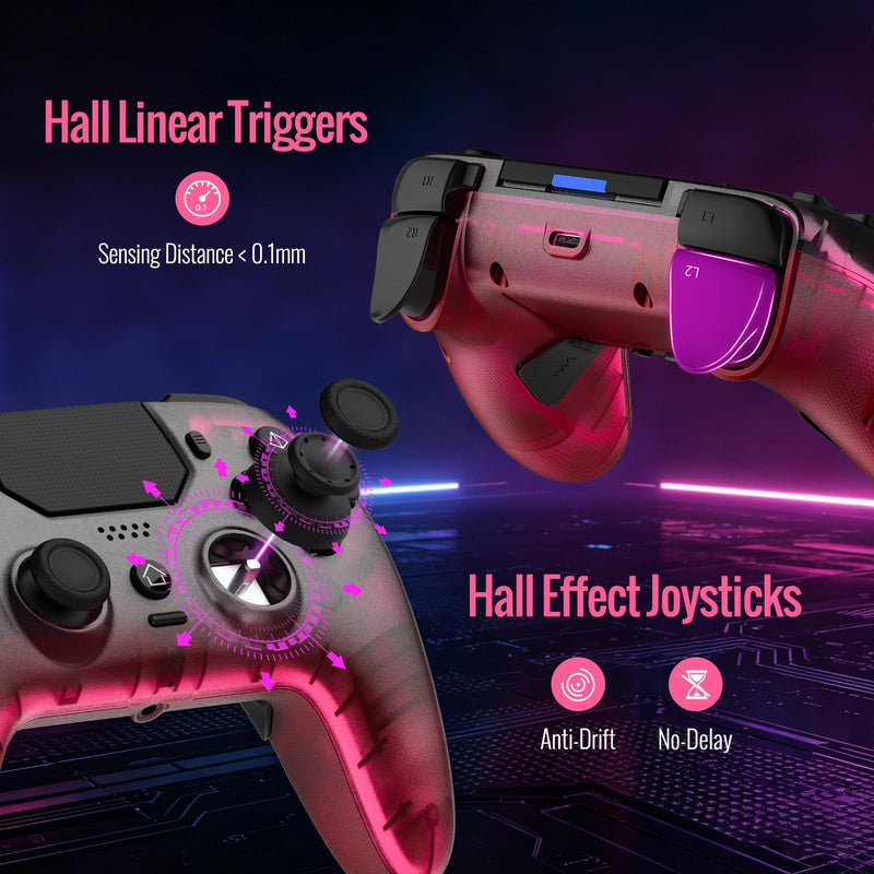 BETMI Wireless Controller for PS-5, Pro/Slim/PC (Black/Hot Pink/Clear) | Hall Effect Joystick & Trigger/Macro/Turbo/RGB Light/3.5mm TRRS Audio Jack/Speaker/Mic/Mute Button/6-Axis Gyro/Dual Vibration