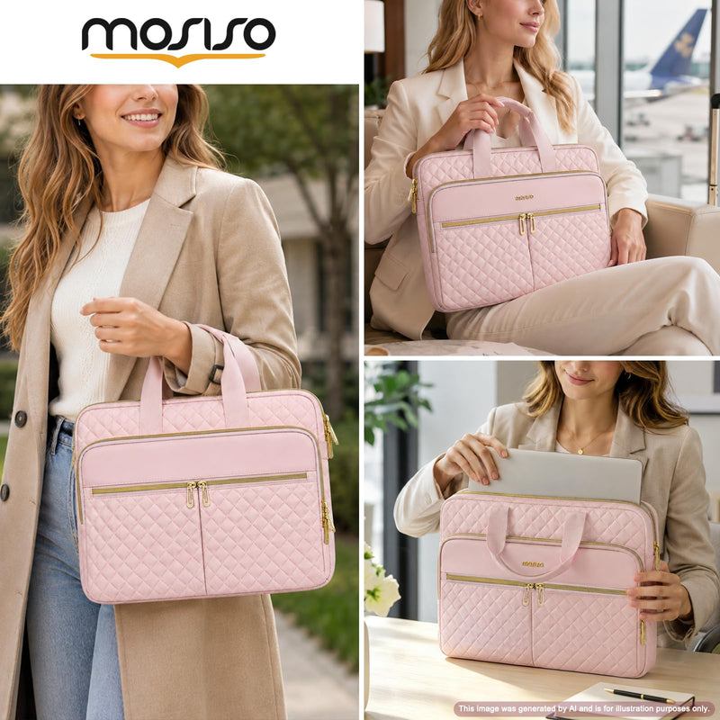 MOSISO Laptop Case 16 inch, 15-15.6 inch Laptop Sleeve with Handle, Pink | Compatible with MacBook Pro 16, HP Acer Dell Lenovo ASUS, Square Quilted Protective Carrying Computer Bag with 3 Pockets&Belt