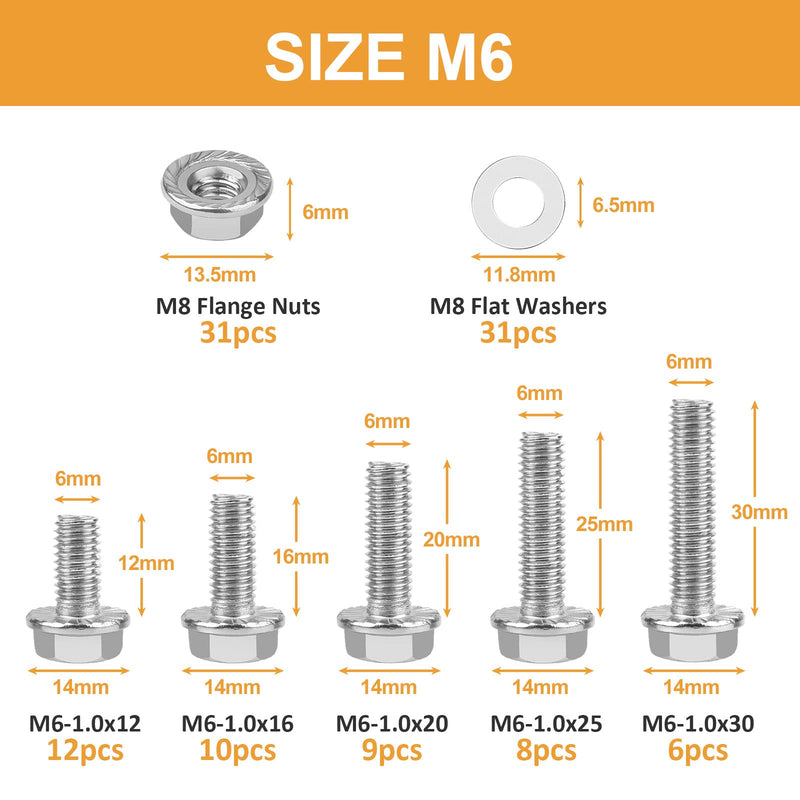 M6-1.0 x 12/16/20/25/30mm Flanged Hex Head Bolts, VIGURE 135PCS M6 Flange Hexagon Screws Serrated Flange Nuts Washers, Stainless Steel 18-8 (304), DIN 6921 M6-1.0
