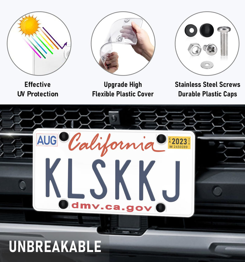 2 Pack Clear License Plate Covers, License Plate Protector Unbreakable Plastic Shields Tag Holder Fits Standard US Plate with Screws Caps