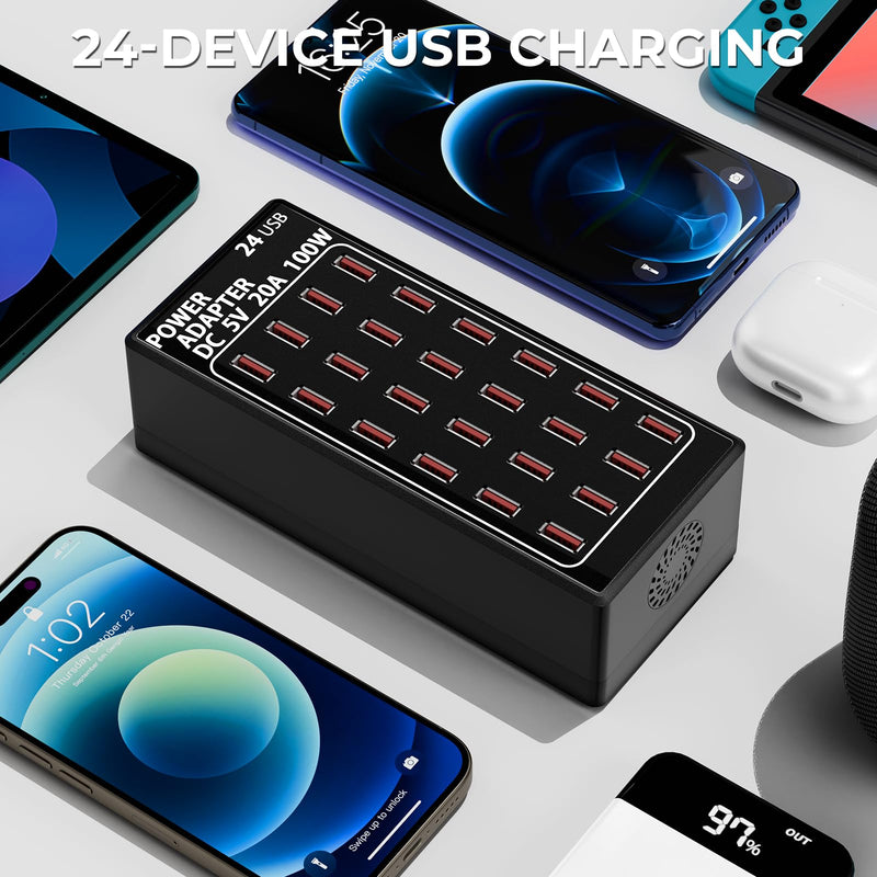 USB Charging Station, 100W/20A 24 Port Desktop Multiple Device Charger Station, Multi Ports Fast Phone Charging Station Organizer, Suitable for School Mall Shop Hotel