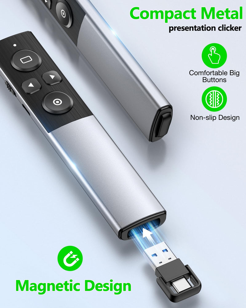 Wireless Presentation Clicker- Clicker for Powerpoint Presentations- Rechargeable Presentation Remote, Slide Advancer for Keynote/PPT/Mac/PC/Laptop Green Light-Rechargeable & Metal