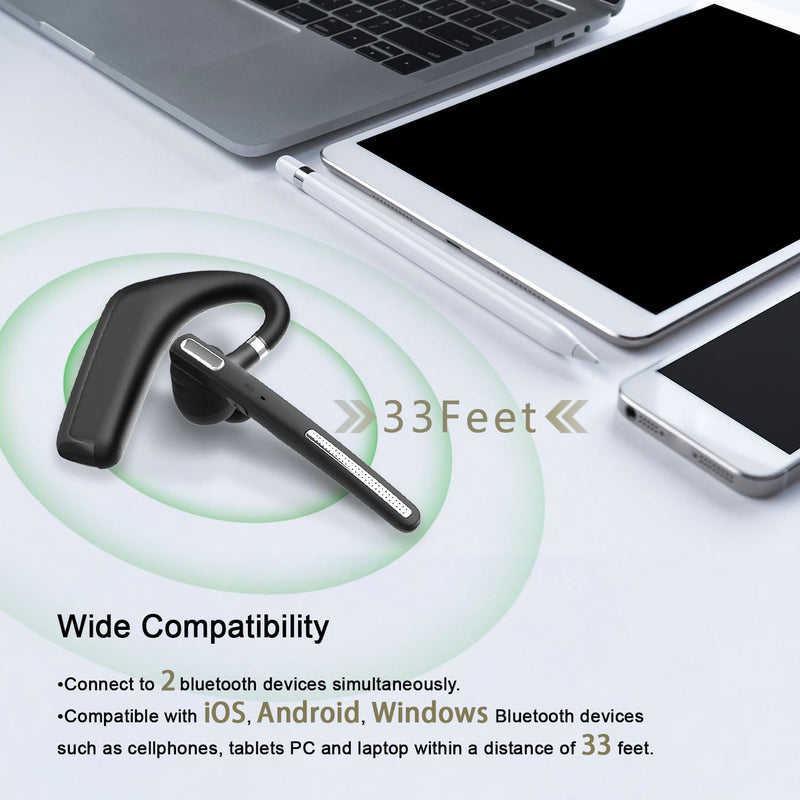 Bluetooth Headset, Wireless V5.4 Bluetooth Earpiece with Dual Noise Cancellation Mic with iPhone and Android, 110H Talktime Hands-Free Headphone for Trucker/Business/Office (Black) Black