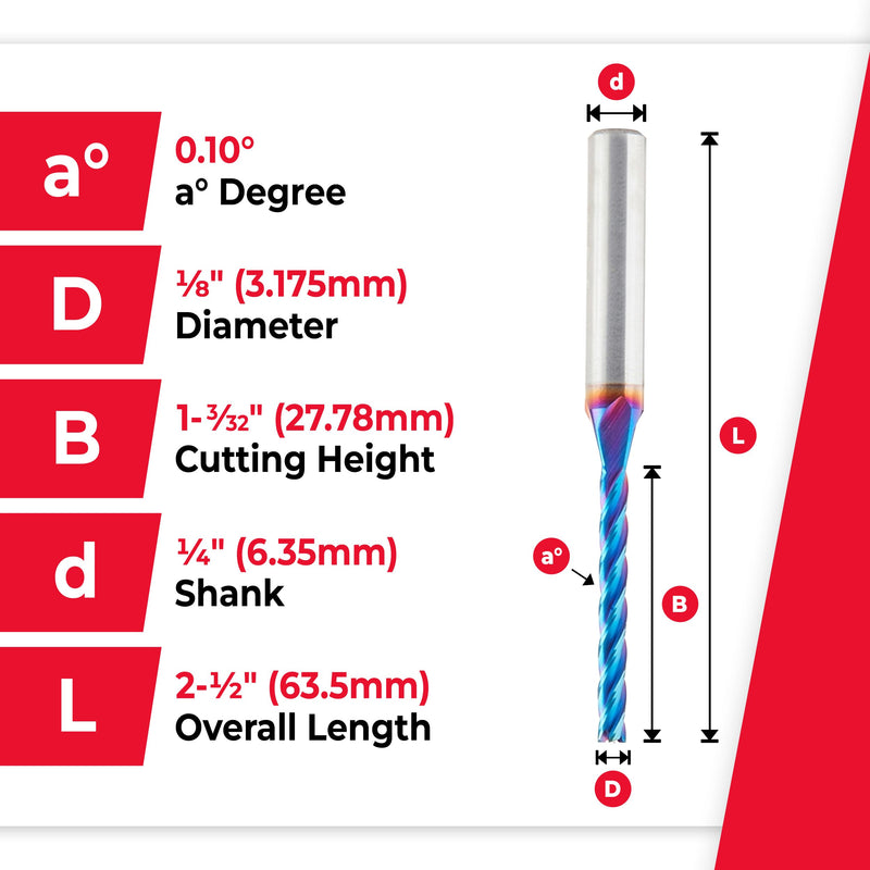 Amana Tool Up Cut Solid Carbide Spiral 2D/3D Carving Router Bit, 46292-K, Flat Bottom 0.10 Deg A x 1/8 D x 1-3/32 x 1/4 Sh x 2-½” L x 4 Flute 1/8 inches x 2-1/2 inches