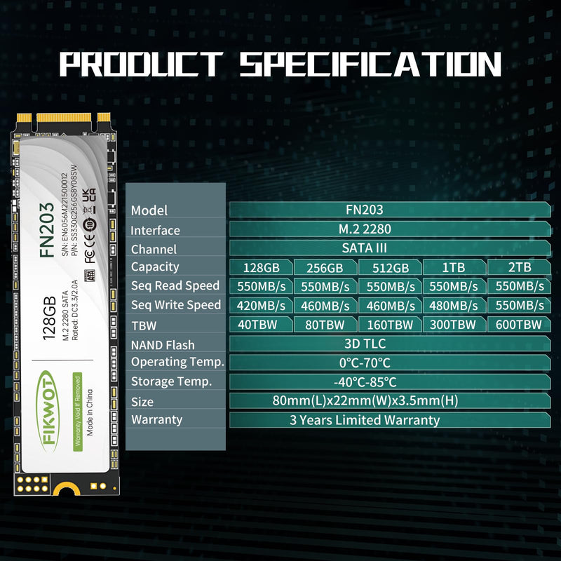 Fikwot FN203 M.2 SATA SSD - SLC Cache 3D NAND TLC SATA III 6Gb/s M.2 2280 NGFF Internal Solid State Drive, Up to 550MB/s, Compatible with Ultrabooks, Tablet Computers and Mini PCs (128GB) 128GB