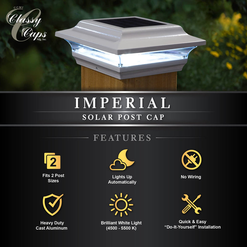 Classy Caps SL211W 4x4 Imperial Solar Post Cap, White – High-Performance LED Lights, Durable Cast Aluminum, Warm and Cool Light Modes, Fits 4"x4" or 3.5"x3.5" Posts, Ideal for Decks, Fences 4x4 Inch
