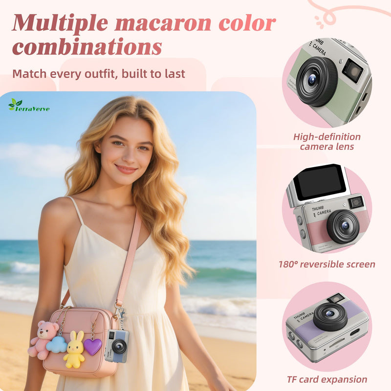 Mini Keychain Camera - HD Thumb Camera, 1.47-inch Flip Screen | Multiple Shooting & Recording Modes | Portable Digital Camera with SD Card for Travel, Party | Ideal Fashion Pendant Gift pink and white