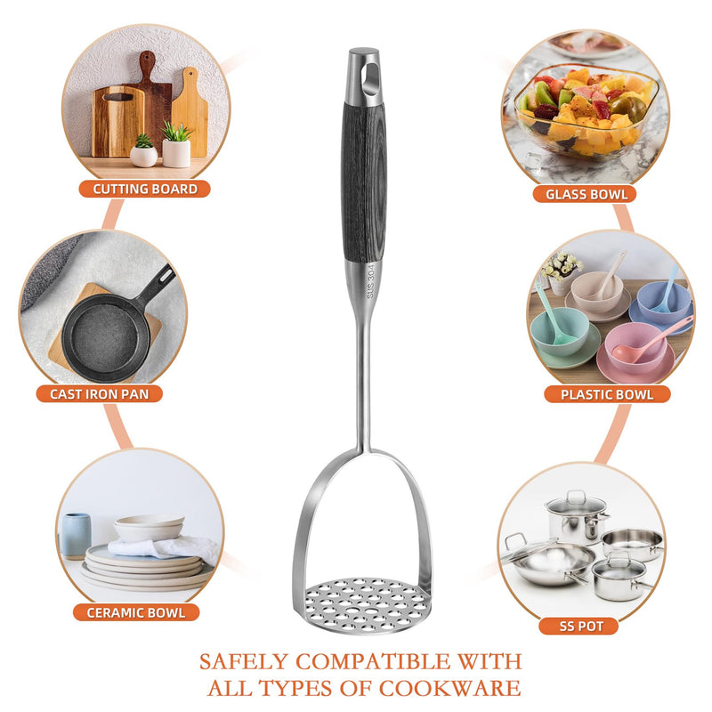 Potato Masher Stainless Steel, Heavy Duty Mashed Potatoe Masher,Professional Integrated Food Masher for Avocado, Potatoes, Beans, Meat, Vegetables (Black wooden handle Masher) Black wooden handle Masher