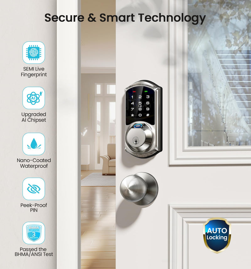 Veise VE07 Fingerprint Smart Door Lock, 7-in-1 Keyless Entry Deadbolt with App Control, Electronic Digital Touchscreen Keypad, Biometric Smart Locks for Front Door, Auto Lock, Satin Nickel
