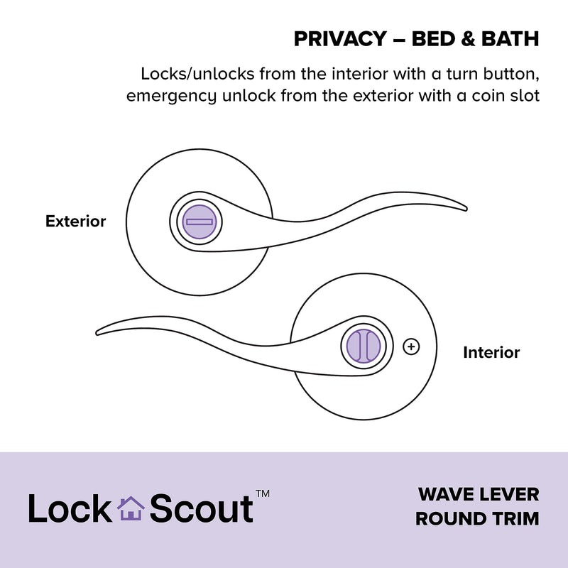 Wave Lever with Round Trim Bedroom and Bathroom Door Handle, Satin Nickel Finish