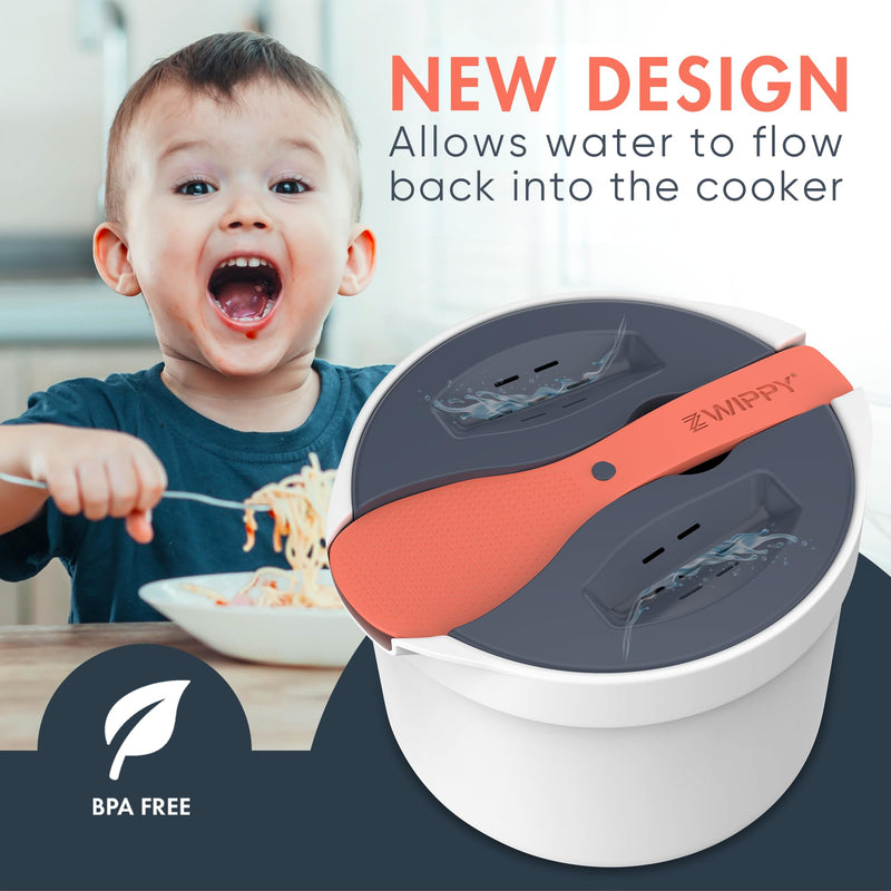 Microwave Rice Cooker Steamer and Pasta Cooker with Strainer - Mess-Free Design, Dishwasher Safe, Cooks Up to 8 Cups Zwippy v2.0
