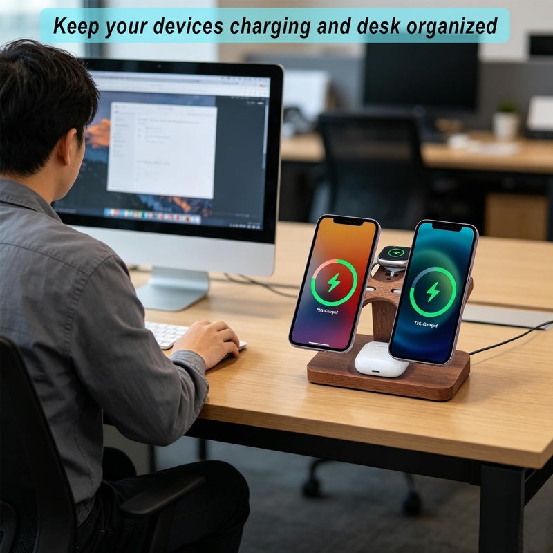 3 in 1 Wireless Charging Station for Apple Devices 24W Dual Phone Charging Station for 2 iPhone 17 16 15 14 13 12 Series iWatch 11 10 9 8 7 6 5 4 AirPod Magnetic Wireless Phone Charger Stand With Apple watch charger