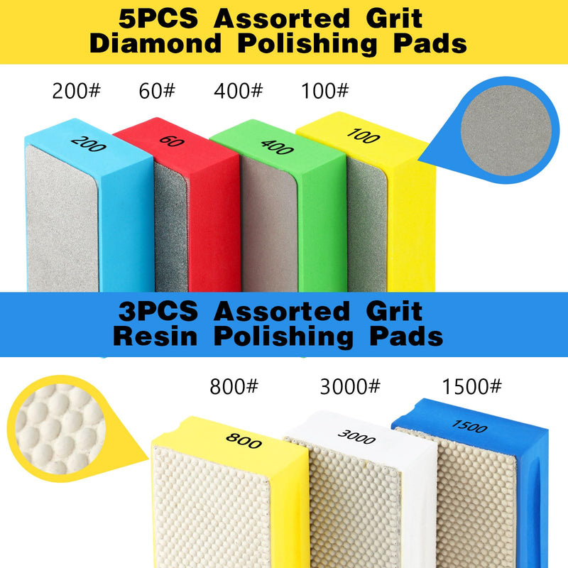 7 Pcs Diamond Hand Polishing Pads 60/100/200/400/800/1500/3000 Grit Diamond Sanding Pads Wet and Dry Sanding Block with Sponge Backing for Glass Tile Stone Concrete Granite Marble Ceramics