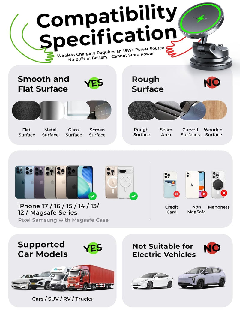 LISEN 15W Magsafe Car Mount Charger，[Lever Lock] Suction Cup Phone Holder,360° Vacuum Magnetic Car Phone Holder Charger Wireless for iPhone 17 Pro Max Air 16-12,Pixel 10,Samsung with MagSafe Case Black