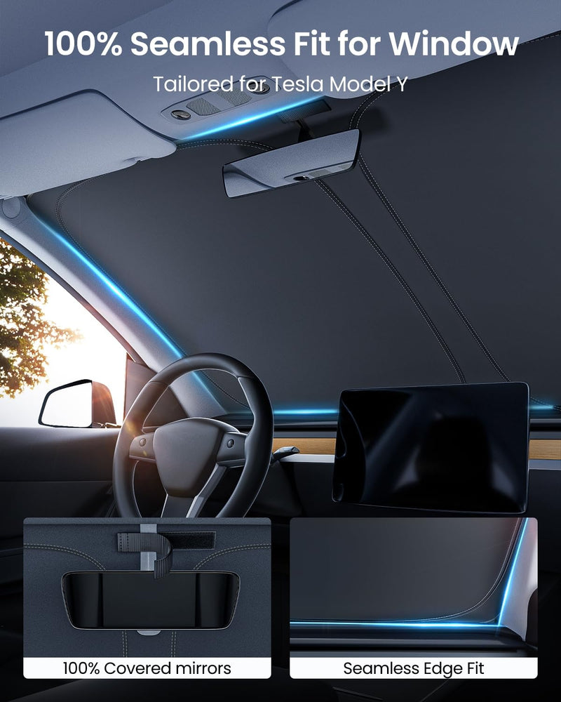 REEVAA 2025 Upgraded Tesla New Model Y (Juniper) Sunshade Windshield [Tailored Fit, 99% Sun Protection] Foldable Sun Shade Accessories with Storage Bag for Model Y 2016-2026, Silver Coating for Model Y (2016-2026)