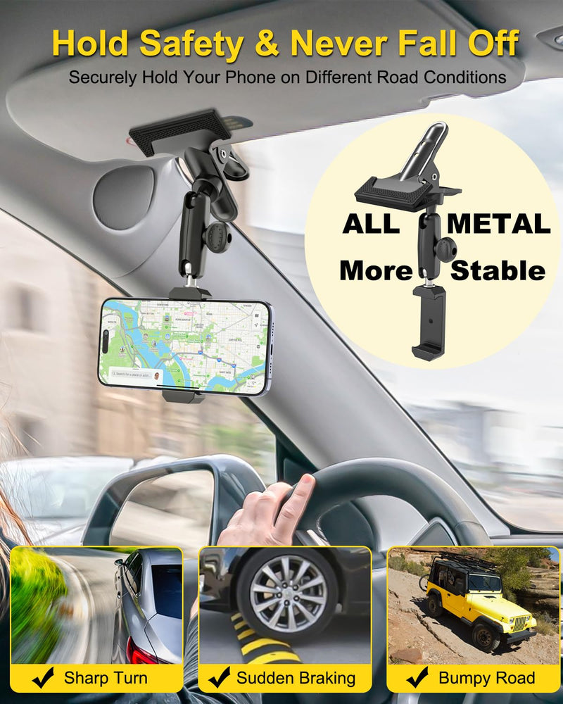 Sun Visor Car Phone Mount, Upgrade Durable All Metal Phone Holder | Car Visor Accessories for Women Men, 360° Adjustable Arm Visor Cell Phone Clip for iPhone 17 16 15 14 Pro Max, Galaxy, 4-7"