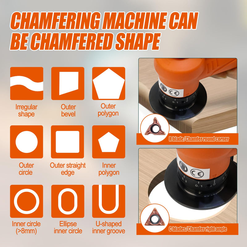 2 in 1 Mini Pneumatic Chamfering Machine, 45° Arc Corner Beveling Trimming Deburring Machine 30000RPM Handheld Chamfering Air Chamfer Tool with 1/4 Inch Air Inlet (C&R Angle Blades,Orange) C&R Angle Blades Orange