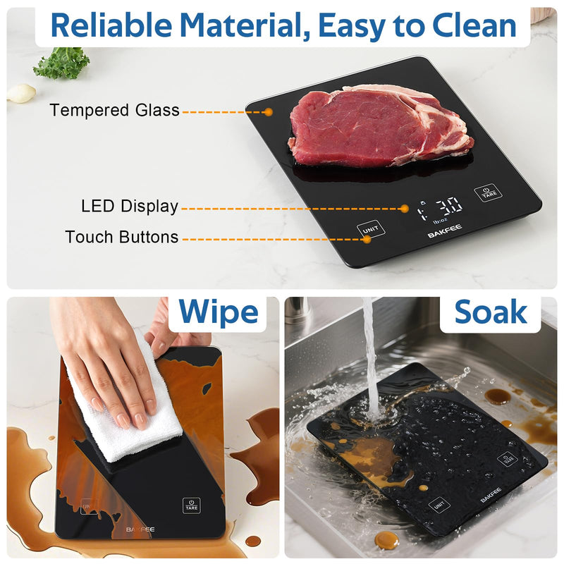 IP67 Waterproof Food Scale with Tempered Glass Surface, 22lb Kitchen Scale 1g Precision, USB Rechargeable, LED Display, Grams and Ounces, for Baking, Cooking, Making Sourdough Bread. Black