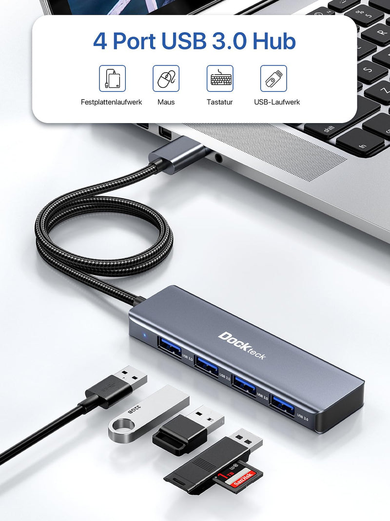 USB Hub, Dockteck 4-Port USB 3.0 Splitter, Aluminum 2ft USB Extender Compatible with MacBook,XPS, Surface Pro,Mac mini/Pro, iMac, Mouse, Keyboard, Flash Drive, HDD,Camera, and More