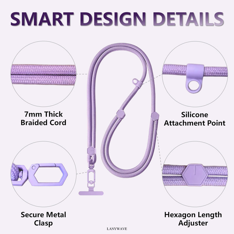 Adjustable Crossbody Phone Lanyard, Braided Cord with Tether Tab | Braided cord, Tether tab, Secure clasp, Accessory clip for hands-free crossbody use Purple