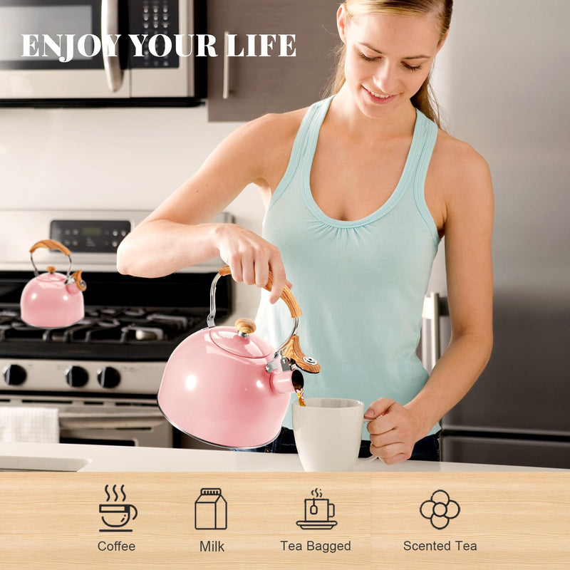 GGC Tea Kettle for Stove Top, 85OZ/2.6QT Whistling Tea Kettles for Boiling Water Milik or Coffee, Pink Stainless Steel Tea Pots with Wood Pattern Folding Handle, Thumb Design Control Kettle Outlet Cute Pink