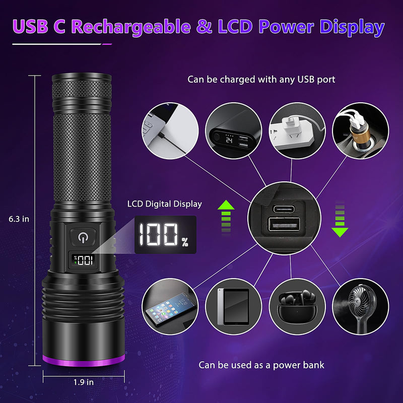 WINDFIRE 365nm UV Flashlight, Rechargeable Blacklight Flashlights with LCD Display, Powerful Black Light for Pet Urine Detection, Scorpions, Resin Curing, Blood Tracking, Uranium Glass, AC Leak