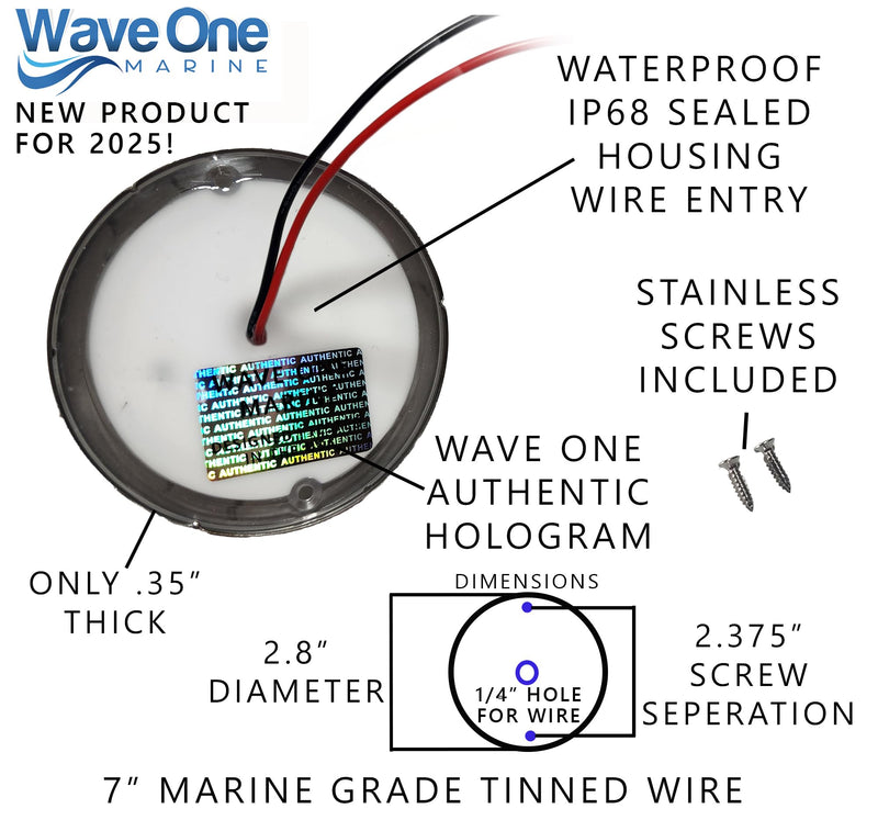 Wave One Marine SURFACE Mount 2.75" RGBW Internal Driver LED Courtesy Boat Light | RV Accent | Interior Exterior Deck Transom Cockpit T Top | Waterproof IP68 (Stainless Bezel) Stainless Bezel (2.75")