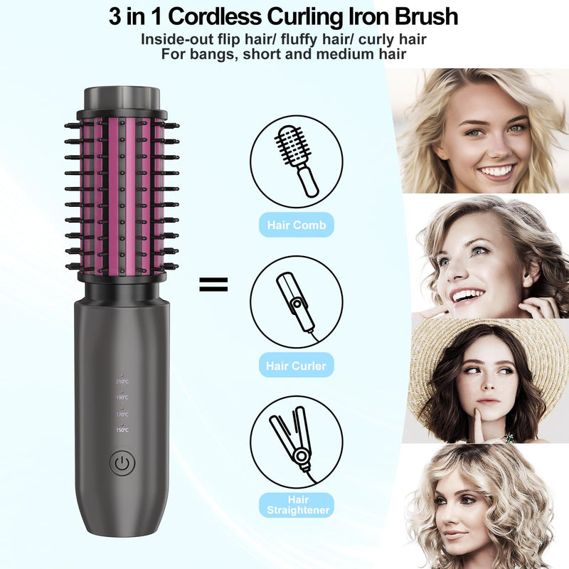 3 in 1 Cordless Hair Styler for Curling & Straightening, 40MM Thermal Brush Curling Wand with 4 Temperature Adjustable, Portable Travel Hot Brushes for Hair Styling (Rose) Rose