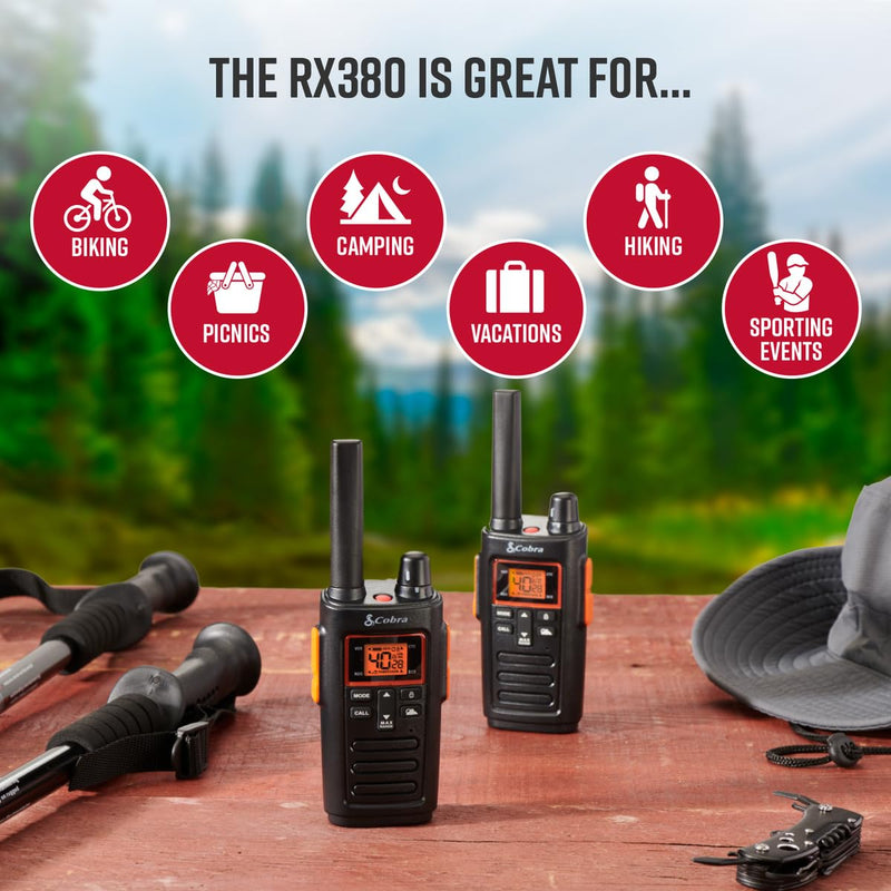 Cobra RX380 Walkie Talkies - Rechargeable, 40 Preset Channels, Long Range 32-Mile Two-Way Radio Set (2-Pack), Black Walkie Talkie