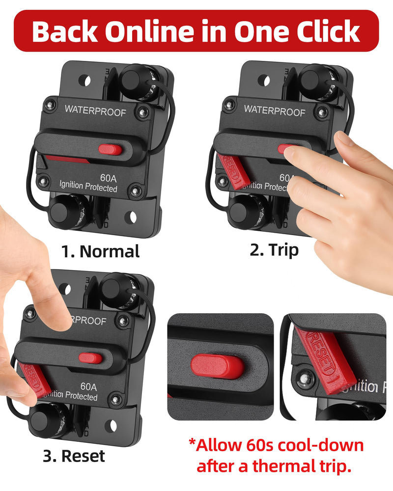 60 Amp Marine Circuit Breaker Switch for Trolling Motor Battery Box, Premium 12V - 48V 60A DC Breaker for Boat Motor, RV, Solar Panel & Car Audio, One-Click Reset, No Fuse Needed