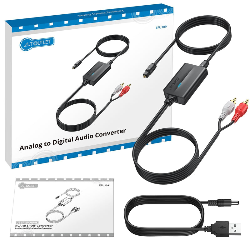 AUTOUTLET RCA to Optical Converter - 48Khz, Analog to Digital Audio Converter with Built-in 1.1m RCA Male Cable for Record Player, Turntable, CD Players