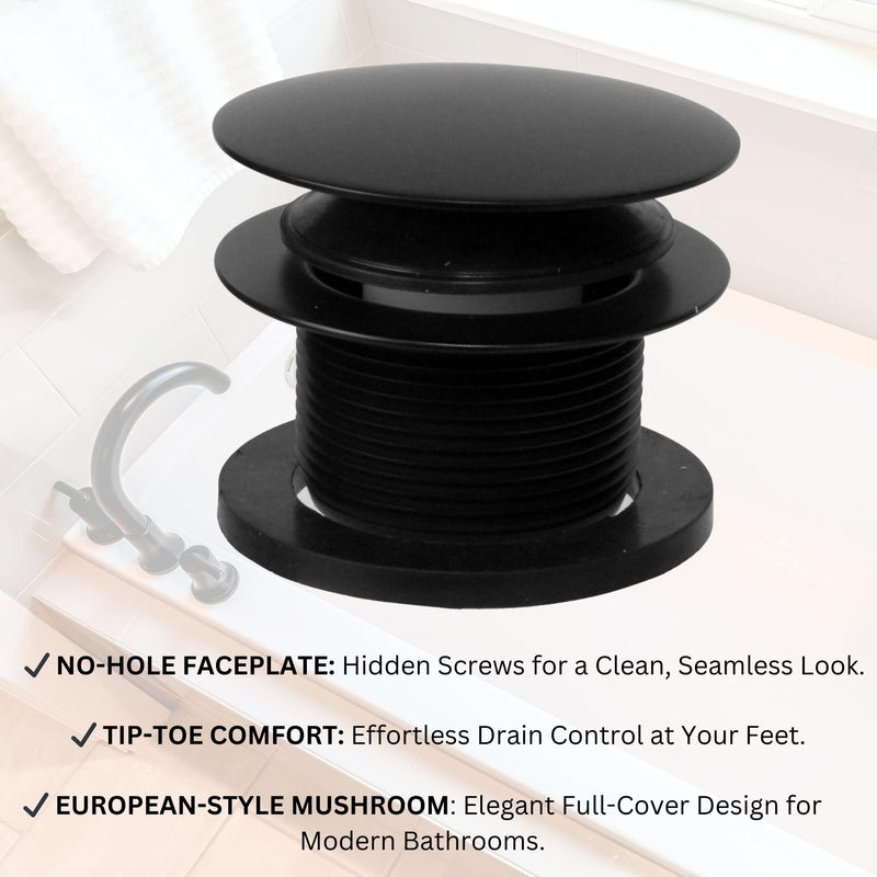 Westbrass A398RK-62 1-1/2" NPSM Coarse Thread Mushroom Tip-Toe Bathtub Drain Stopper with Illusionary Overflow Faceplate, Matte Black