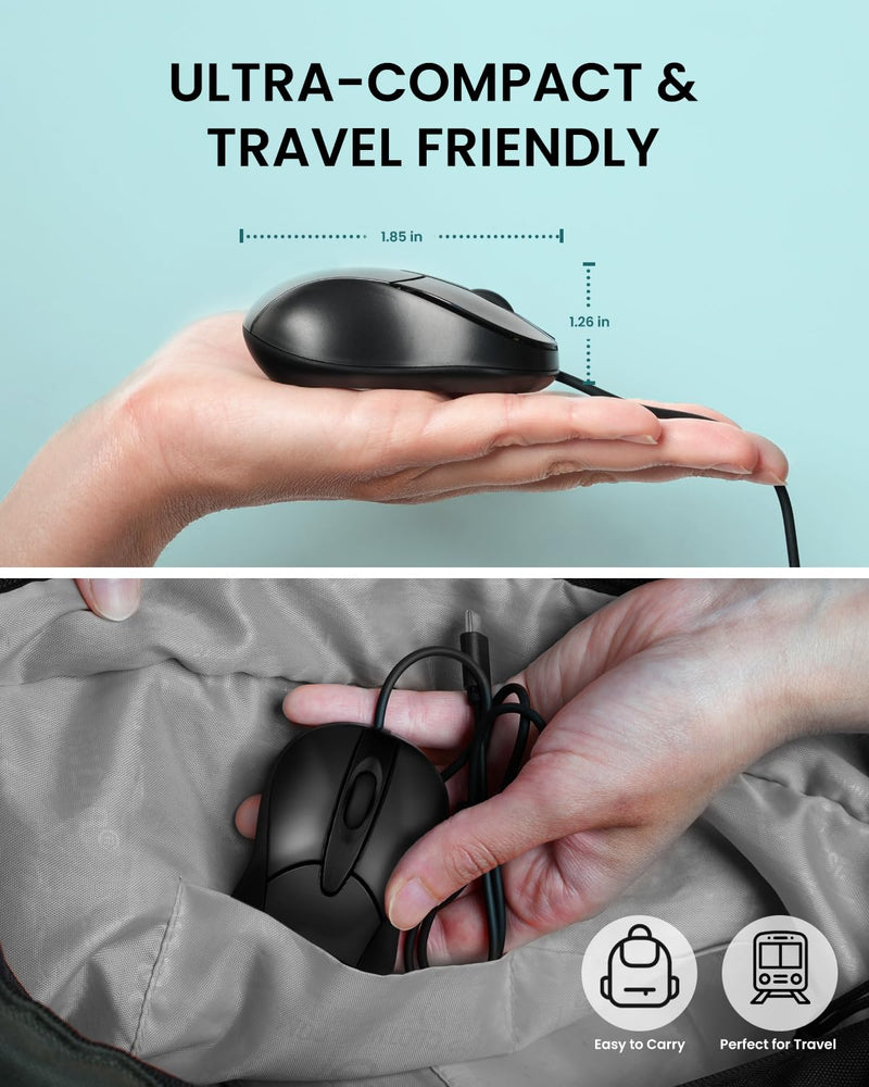 Perixx PERIMICE-405C Wired Portable USB-C Mouse - Reliable 2ft Wired USB-C Cable for Laptop, Tablet, or Smartphone - Silent Click - Black