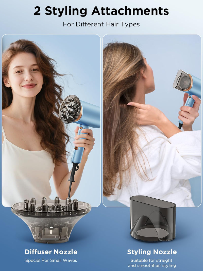 Ionic Hair Dryer 2000W Fast Drying with Diffuser & Concentrator, Blue | 2000W Fast Drying, Negative Ion Care, Foldable Design, Diffuser, Concentrator, Home, Travel Use Skyblue