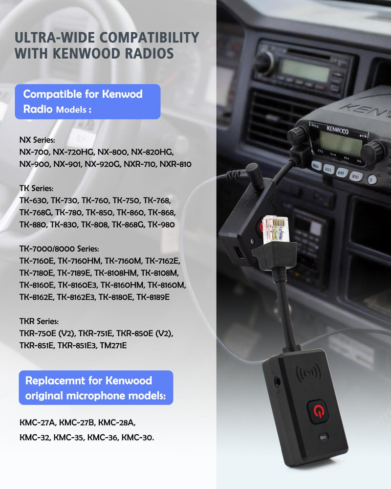 Wireless Speaker Microphone for Kenwood NX700 NX800 NX-820 NX-920 TK8180 TK7180 TK7360 TK8160 Car Walkie-Talkie Wireless Hand Long Range Mic with 360° Clip, USB-C Charging