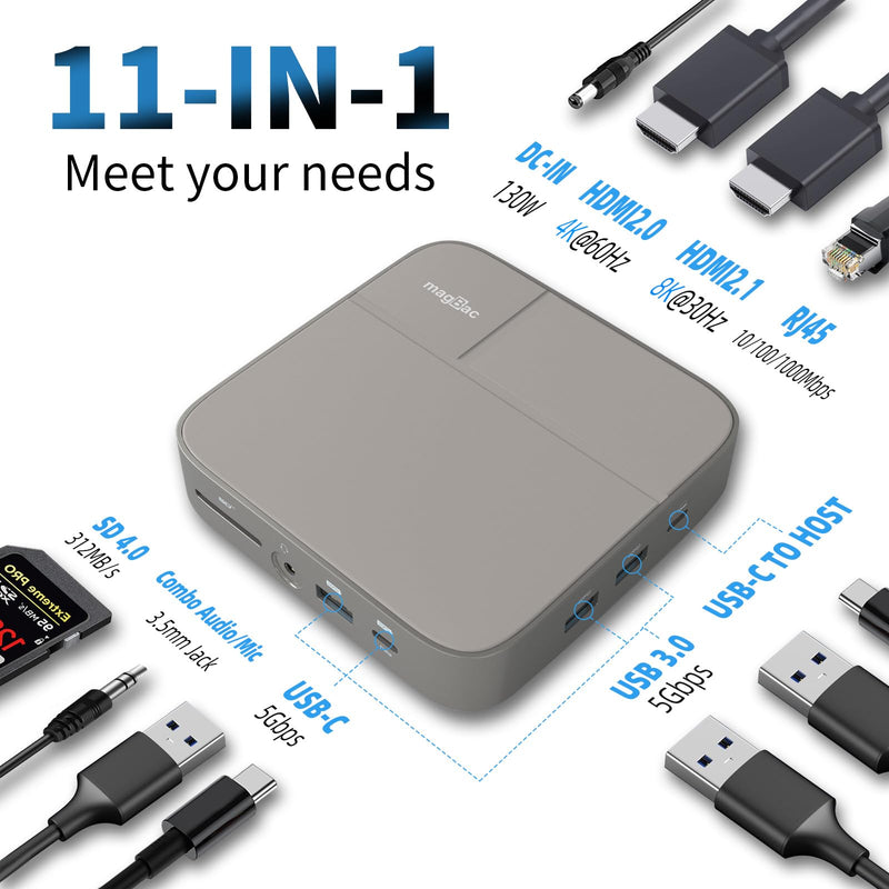 USB C Docking Station Dual Monitor 4K@60Hz or Single 8K@30Hz with 2 HDMI for Windows Laptops,11-in-1 Laptop Docking Station with 5 USB A/C, SD, Gigabit Ethernet, Audio, 130W AC Power Supply 8K DOCK