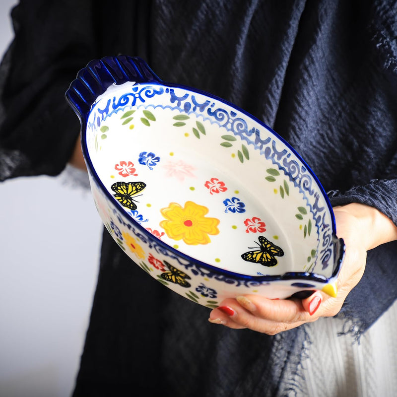 Vintage Butterfly and Flower Pattern Pie Pan, Chicken Shape Ceramic Bakeware Casserole Dish Baking Pan Bakers Lasagna Pans Soup Bowl Baking Dish for Oven to Table-Blue-25 OZ Blue 25 OZ