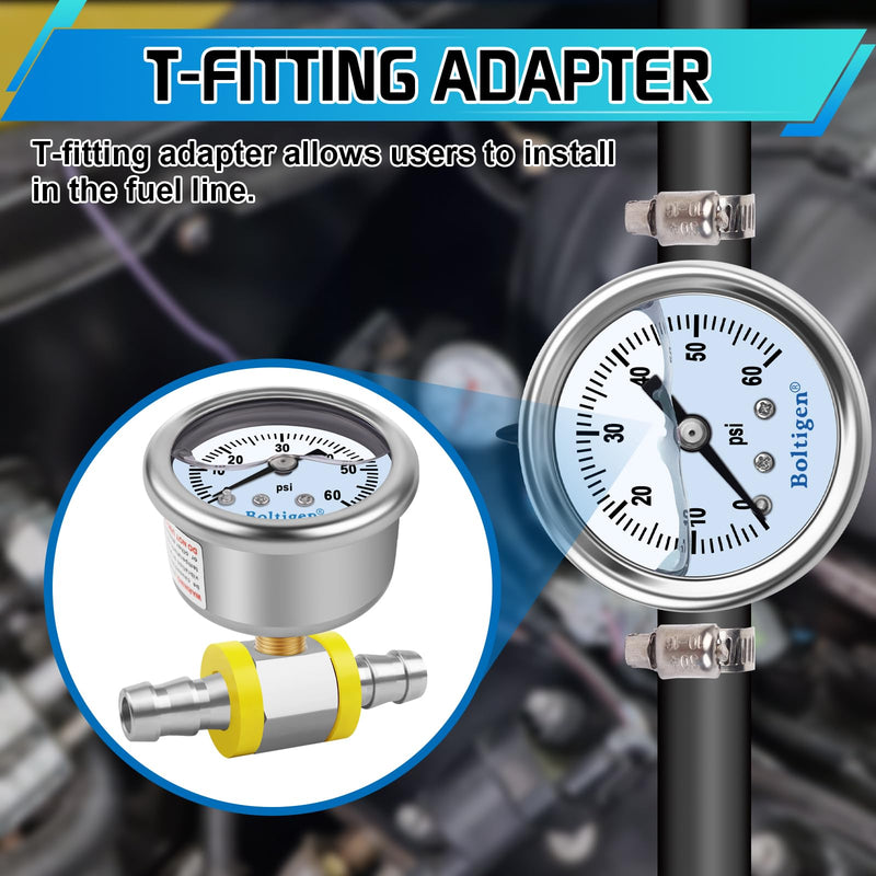 Boltigen Fuel Pressure Gauge, 3/8'' Barb Fuel Pressure Gauge Kit, 0-60psi Glycerin Filled Fuel Pressure Regulator with Gauge for Car, 1/8'' NPT Inline Fuel Pressure Guage with 1/4'' 3/8'' Converter