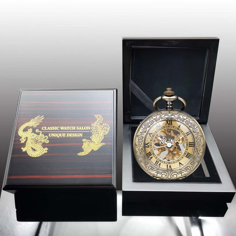 Mechanical Pocket Watch, for Men Women Special Magnifier Half Hunter Engraved Case Roman Numerals with Chain Ad. Bronze Black + Wooden Box