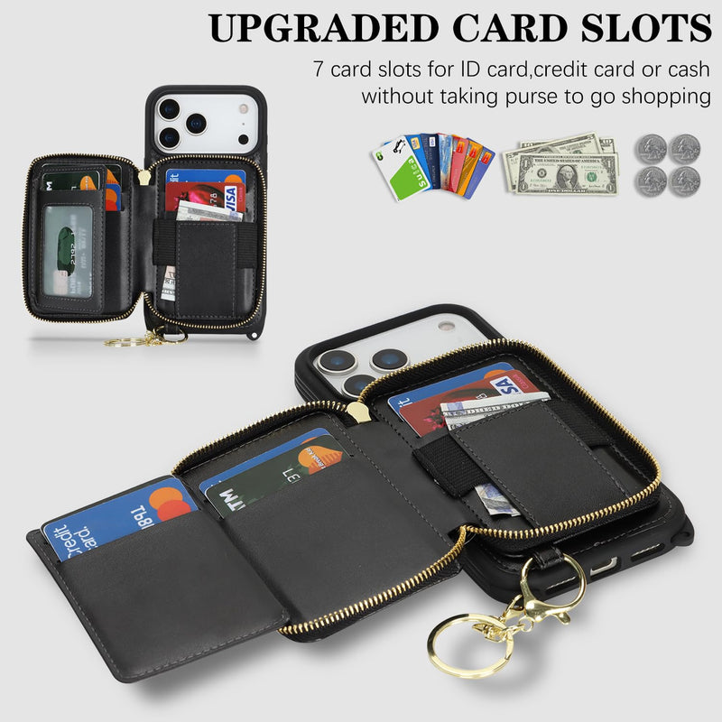 for MagSafe Crossbody Wallet Case for iPhone 17 Pro Max-Black | Protective Purse Case with Card Slots Holder Kickstand Wrist Strap Lanyard Zipper 6.9 Inch 5G black for iPhone 17 Pro Max - 6.9"