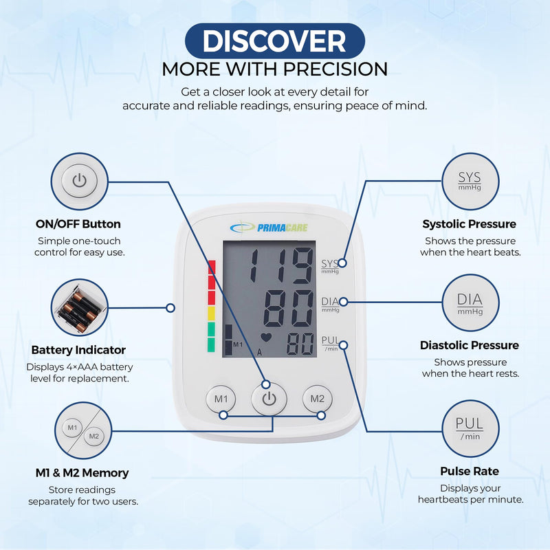 Primacare DS-8007 Automatic Digital Blood Pressure Monitor Upper Arm Sphygmomanometer for Home Use