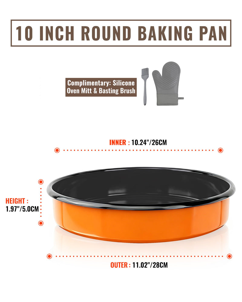 10 Inch Enamel Round Roasting Pan Deep Baking Dish for Chicken Pizza & Bread Heat Resistance Easy-To-Clean Bakeware Sheet Oven Dishwasher Safe, Birthday Gift Cake Pan Orange - 10 Inch