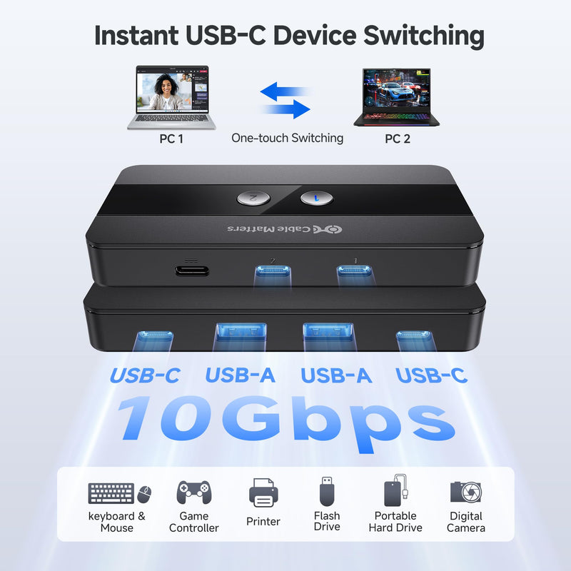 Cable Matters USB C Switch for 2 Computers with Remote Control, 10Gbps Data Transfer, Shares 2X USB-A and 2X USBC Peripherals (Keyboard, Mouse, Printer, SSD), Data Only - No Video, No Host Charging